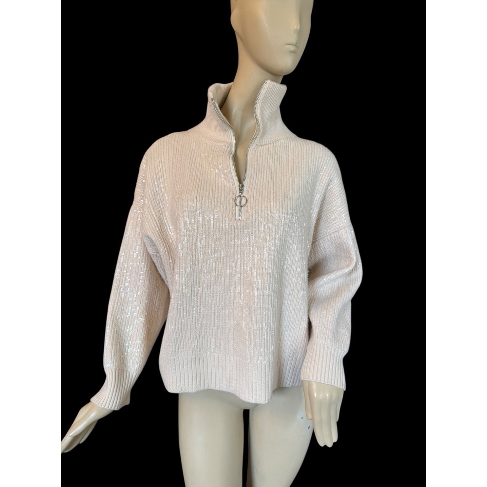 Zara Sequin Boxy Sequin Sweater Sz Small Zipper Accent Festive Cream Oatmeal EUC